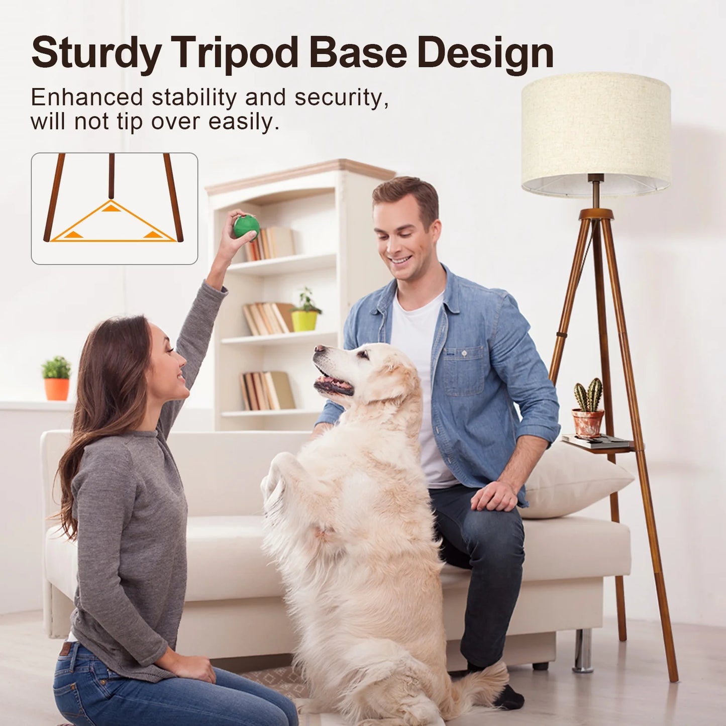 63" Wood Tripod Floor Lamp with Shelves, Dimmable Standing Lamps with Remote Control, Modern Shelf Floor Lamp for Living Room, Bedroom, Office, LED Bulbs Included