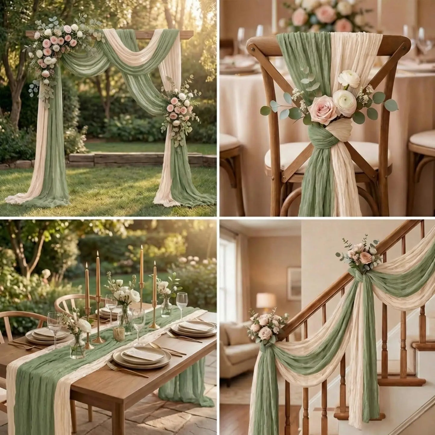2-In-1 Table Runner Cheesecloth Tablecloth Sage Green Beige Rustic Gauze Wedding Bridal Party Birthday Baby Shower Home Decor