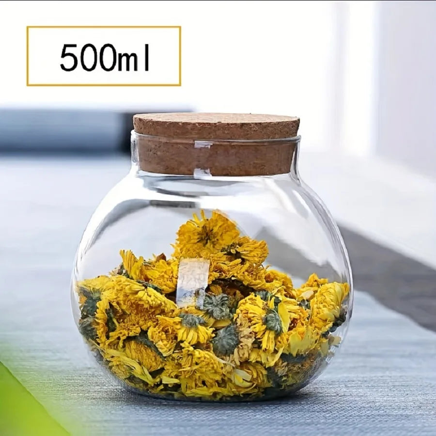 6Pcs/Set Storage Containers,500Ml/16.91Oz Cork Glass Tea Jar with Cork Stopper,Round Sealed Food Storage Jar, Kitchen Organizers
