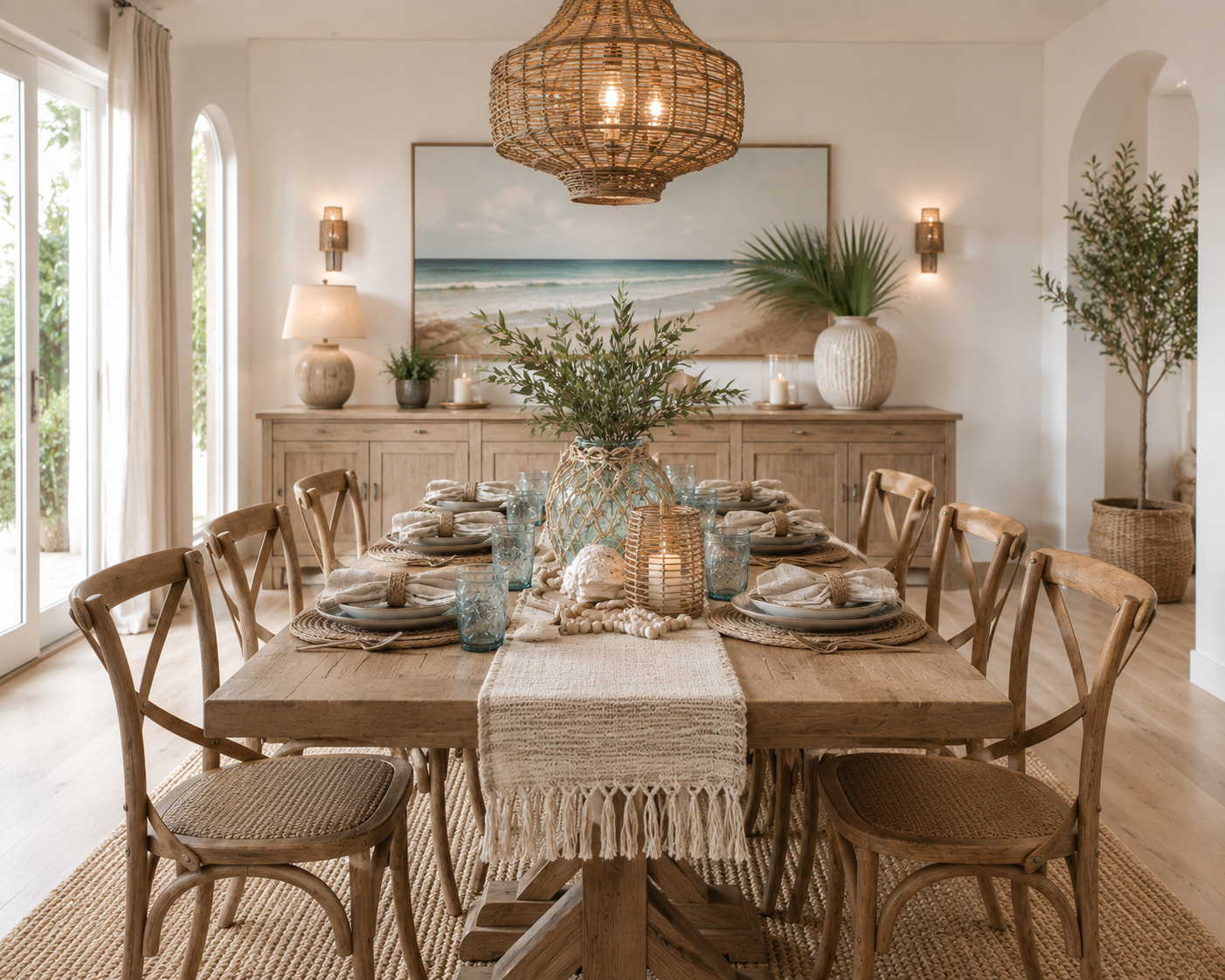 Coastal boho dining table styled with woven placemats, blue glassware, greenery centerpiece, and rattan pendant light