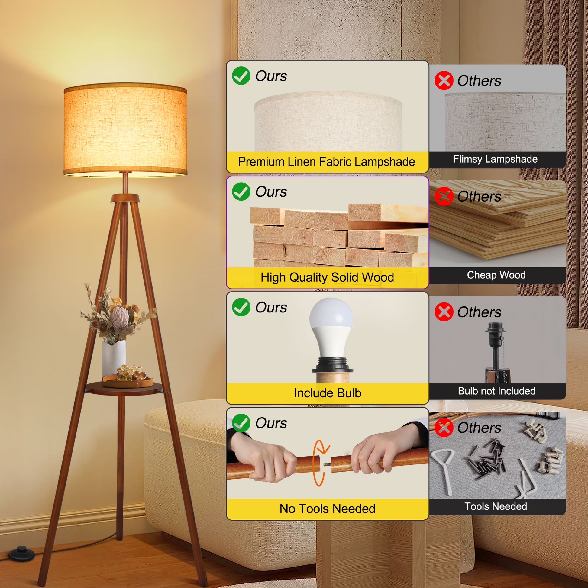 63" Wood Tripod Floor Lamp with Shelves, Dimmable Standing Lamps with Remote Control, Modern Shelf Floor Lamp for Living Room, Bedroom, Office, LED Bulbs Included
