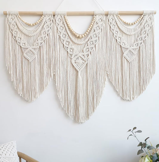LIMITLZ™ Large Macrame Wall Hanging, Boho Wooden Bead Tapestry, 43 Inch Wide Ivory Cotton