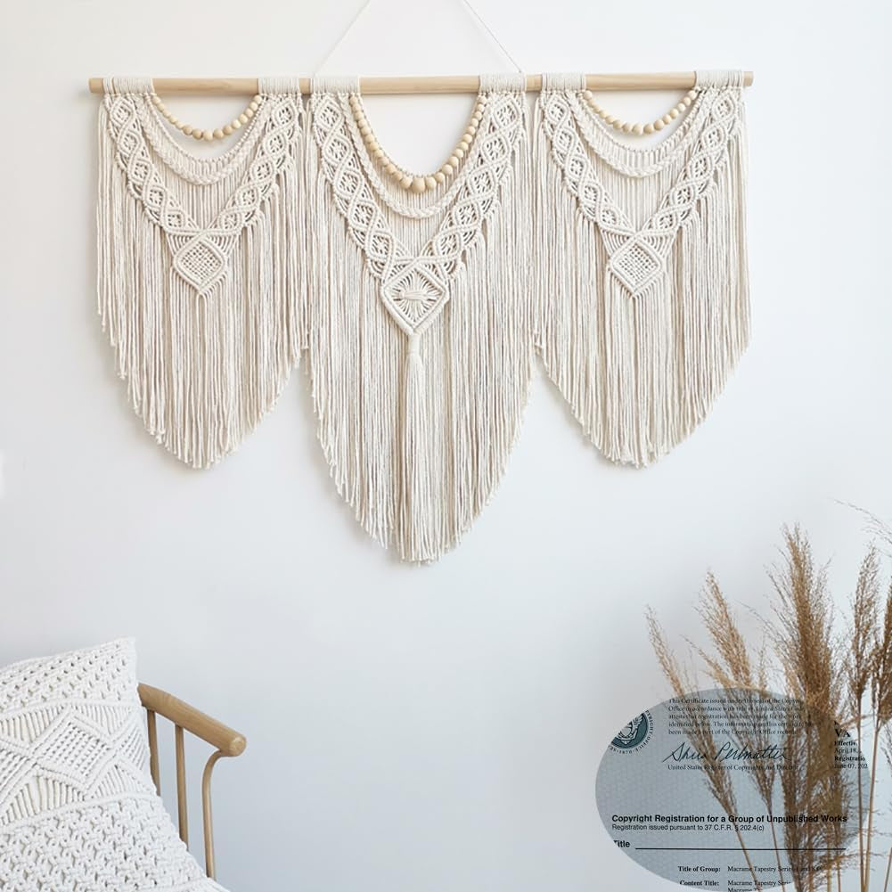 LIMITLZ™ Macrame Wall Hanging, 3-Part Assembly with Wooden Rod and Bead Accents