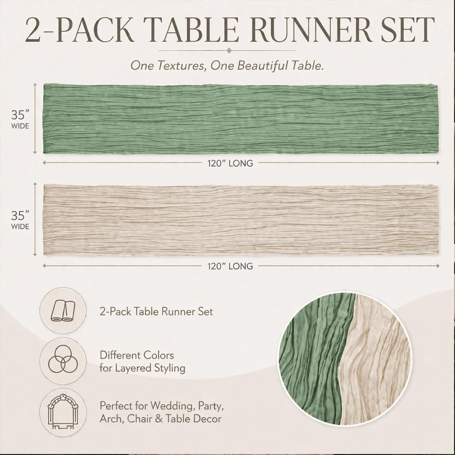 2-In-1 Table Runner Cheesecloth Tablecloth Sage Green Beige Rustic Gauze Wedding Bridal Party Birthday Baby Shower Home Decor