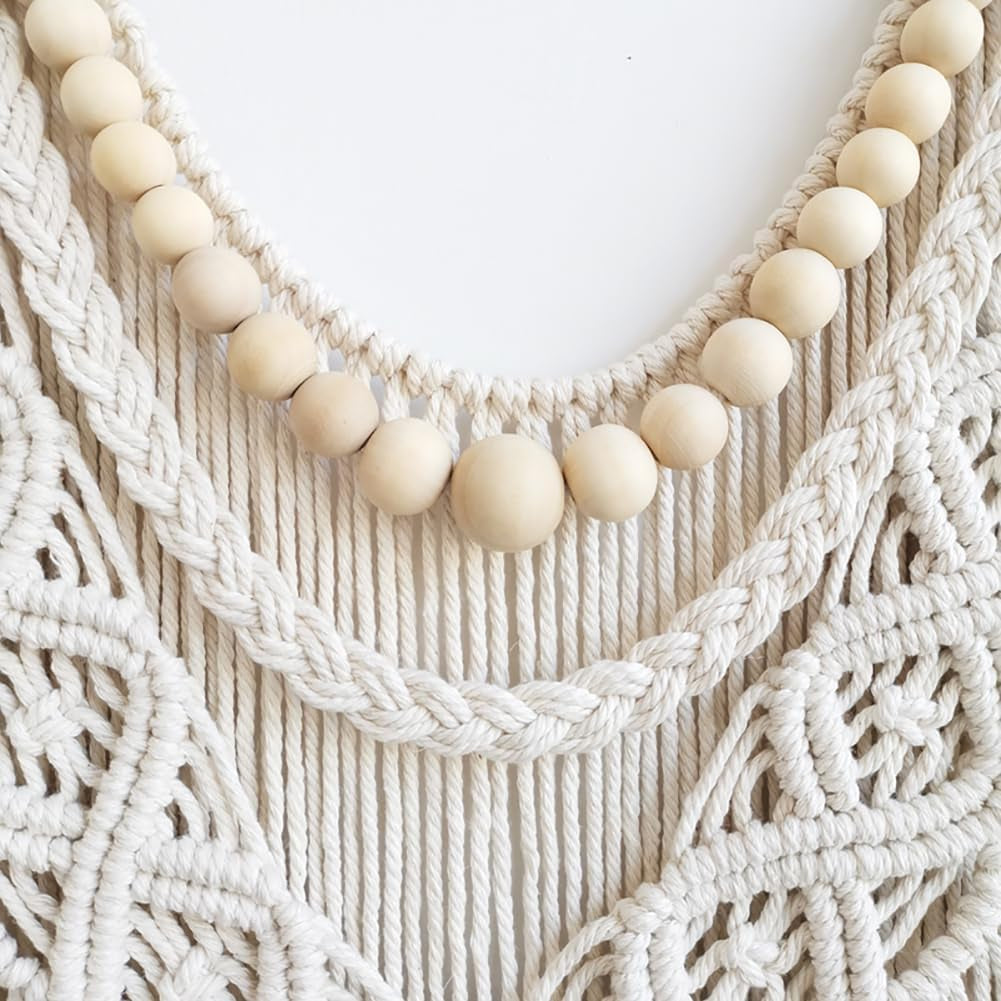 LIMITLZ™ Wooden Bead Macrame Wall Hanging, Close-Up of Bead Detail and Cotton Fringe
