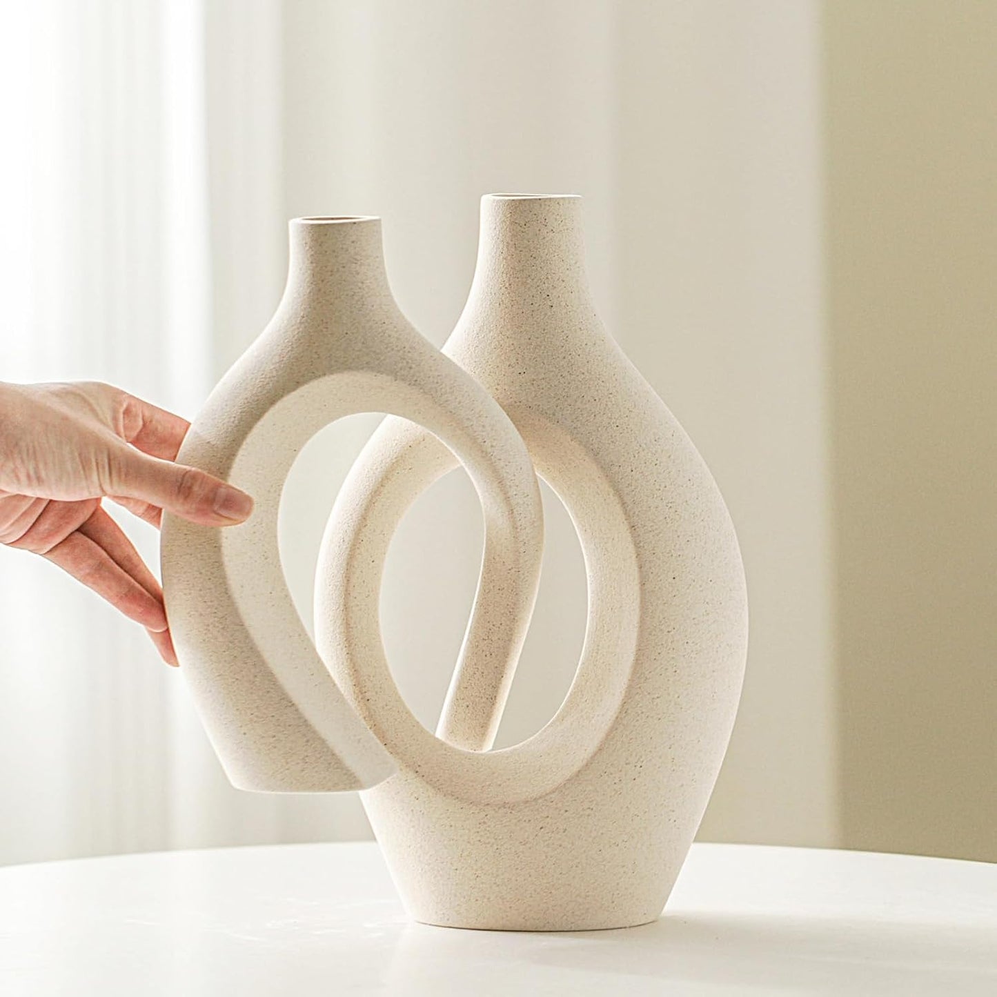 Snuggle Hollow Ceramic Vase Set of 2, Boho Ins Style round Nordic Mid Century Modern Aesthetic Decorative Vase for Home Decor (Cream W 6.8" X H 11")