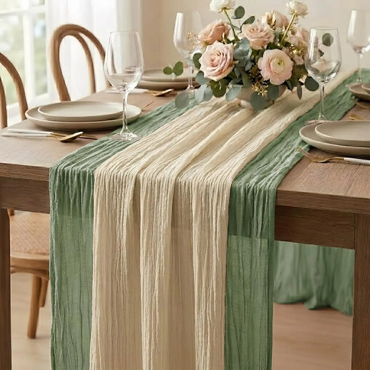2-In-1 Table Runner Cheesecloth Tablecloth Sage Green Beige Rustic Gauze Wedding Bridal Party Birthday Baby Shower Home Decor