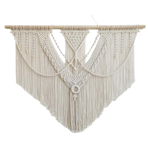 LIMITLZ™ Large Macrame Wall Hanging, Boho Triangle Tapestry, 43 inch Wide, Ivory Cotton, Coastal Boho Decor