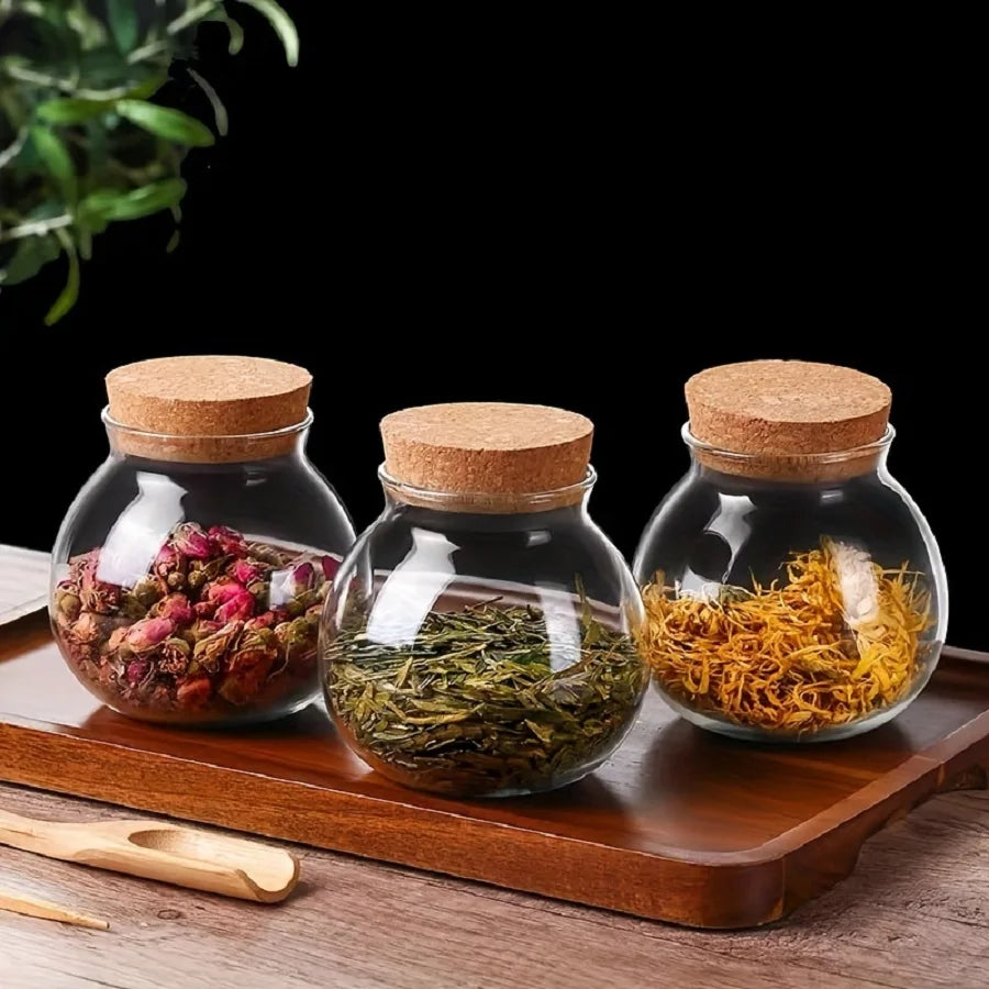 6Pcs/Set Storage Containers,500Ml/16.91Oz Cork Glass Tea Jar with Cork Stopper,Round Sealed Food Storage Jar, Kitchen Organizers