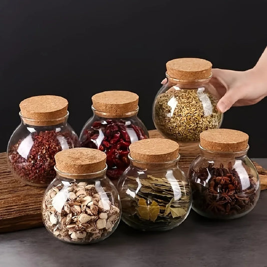6Pcs/Set Storage Containers,500Ml/16.91Oz Cork Glass Tea Jar with Cork Stopper,Round Sealed Food Storage Jar, Kitchen Organizers