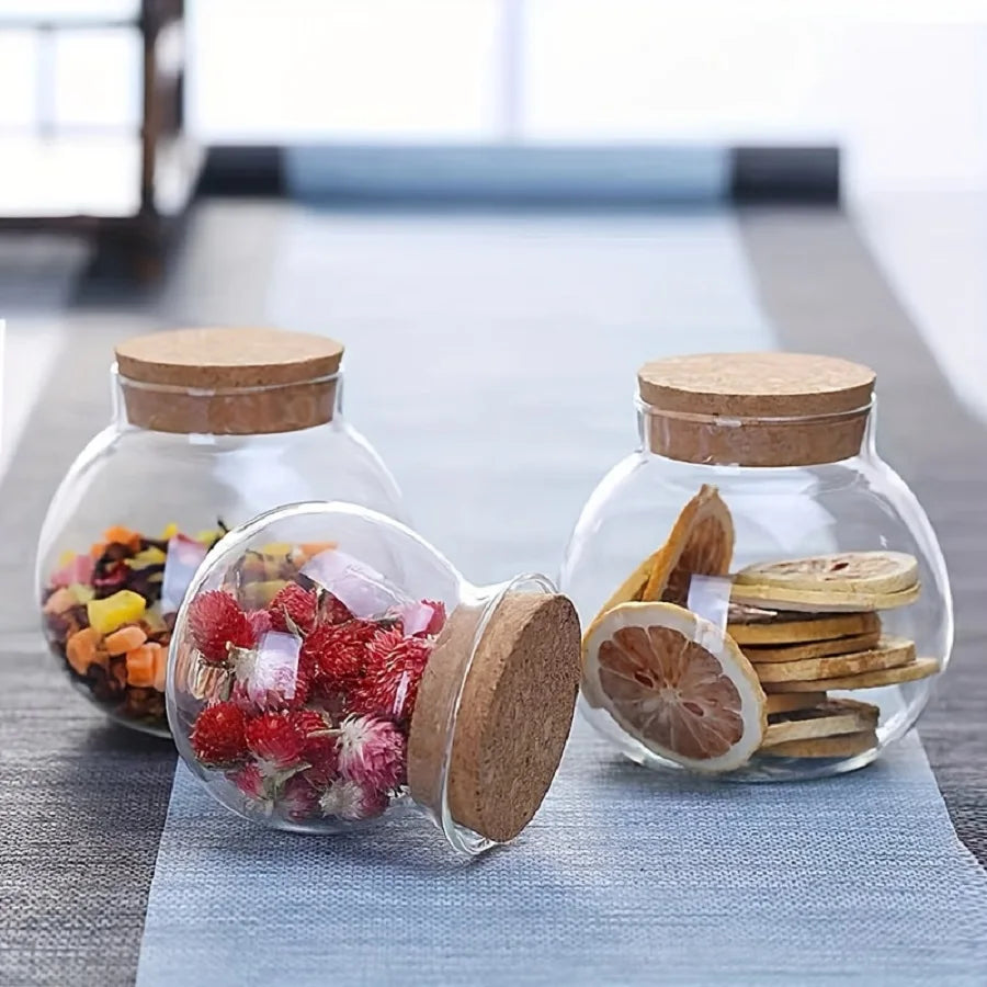6Pcs/Set Storage Containers,500Ml/16.91Oz Cork Glass Tea Jar with Cork Stopper,Round Sealed Food Storage Jar, Kitchen Organizers