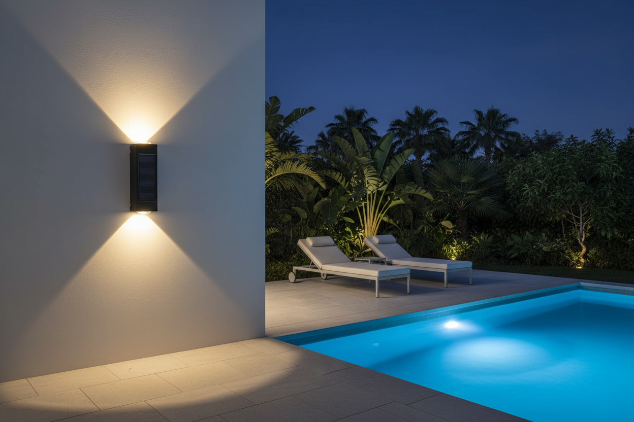 LIMITLZ™ Solar Wall Light, Pool Area Night Scene, Warm Ambient Outdoor Glow