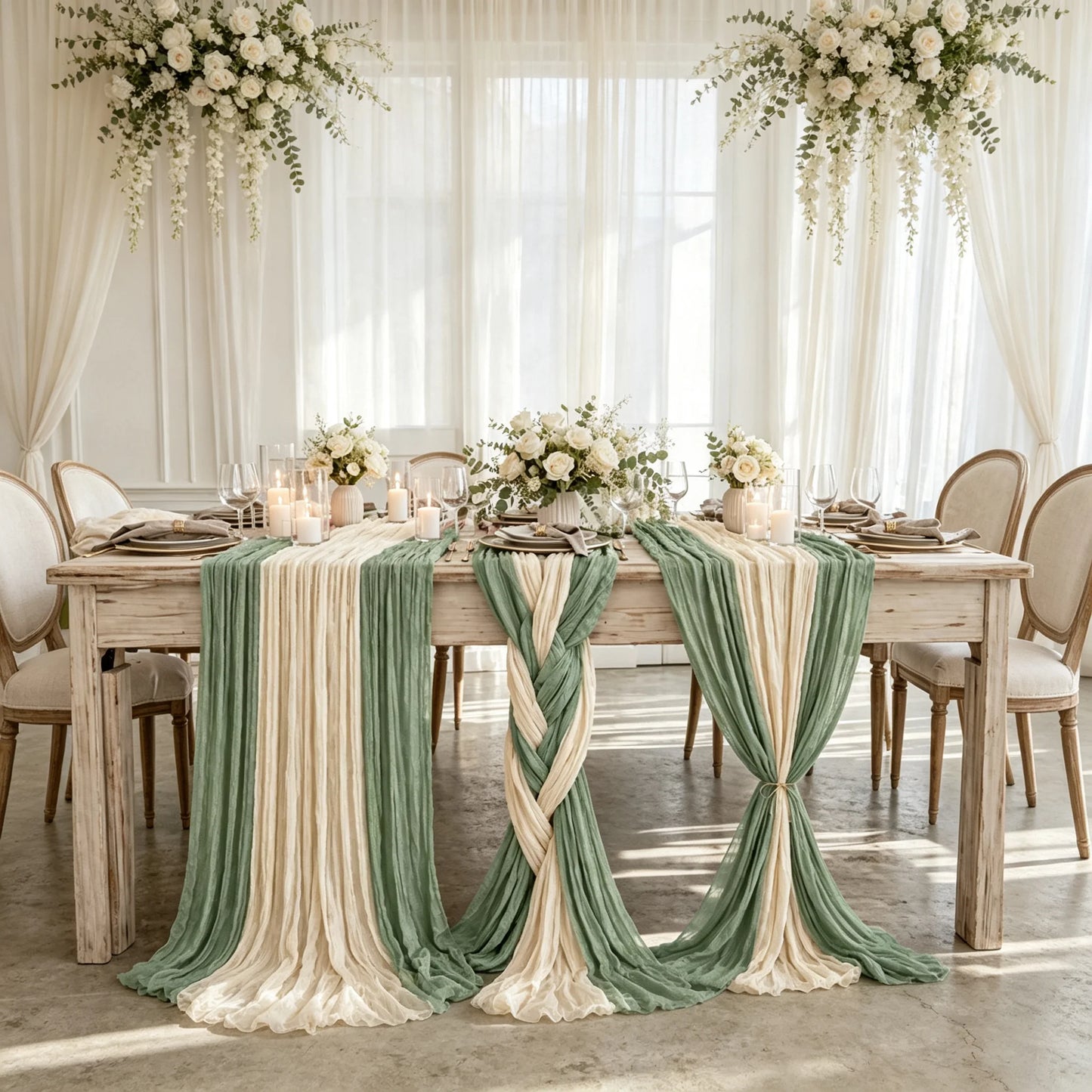 2-In-1 Table Runner Cheesecloth Tablecloth Sage Green Beige Rustic Gauze Wedding Bridal Party Birthday Baby Shower Home Decor