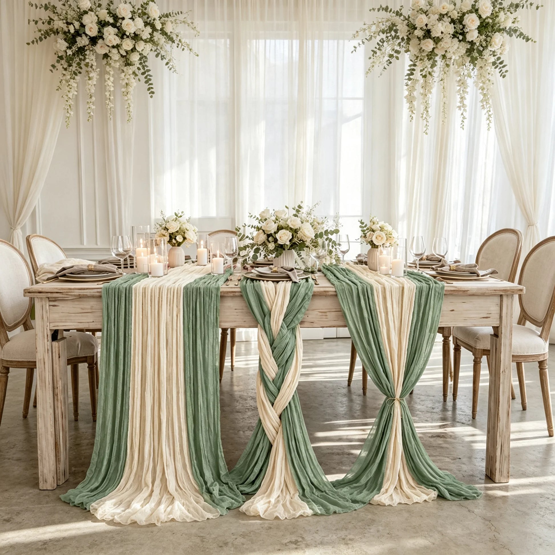 2-In-1 Table Runner Cheesecloth Tablecloth Sage Green Beige Rustic Gauze Wedding Bridal Party Birthday Baby Shower Home Decor