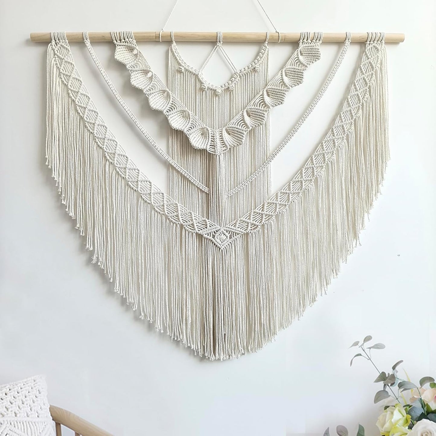 LIMITLZ™ Shells Macrame Wall Hanging, Close-Up of Shell Pattern and Cotton Fringe