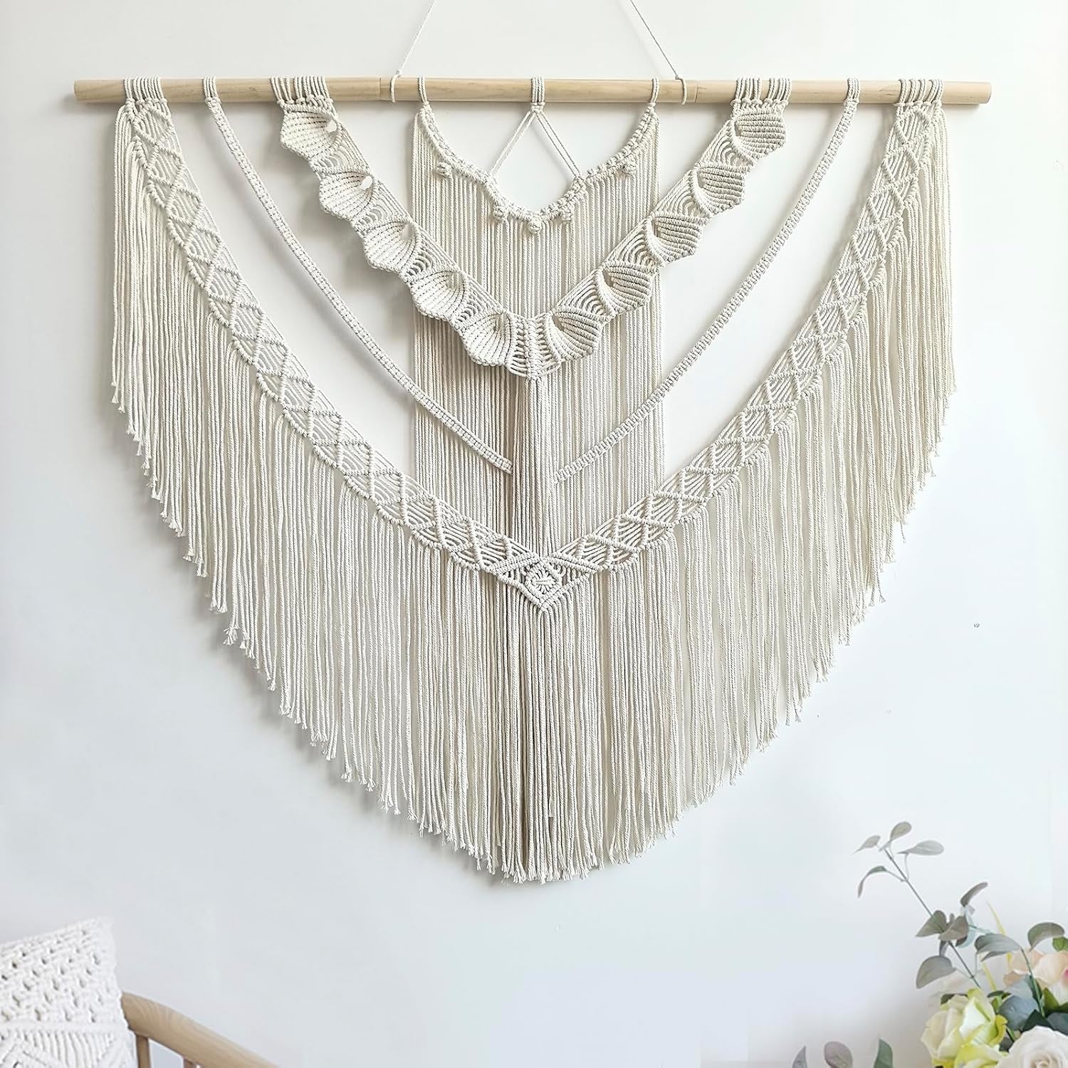 LIMITLZ™ Shells Macrame Wall Hanging, Close-Up of Shell Pattern and Cotton Fringe