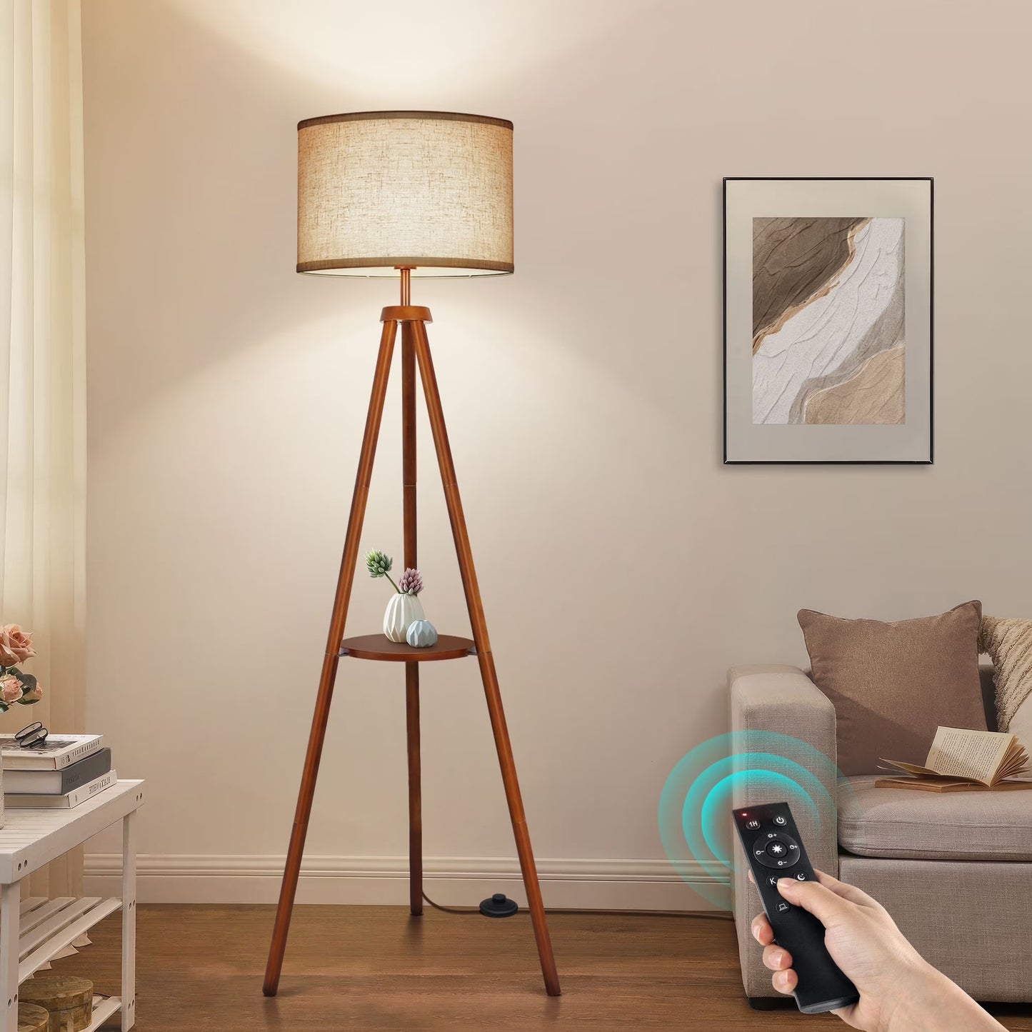 63" Wood Tripod Floor Lamp with Shelves, Dimmable Standing Lamps with Remote Control, Modern Shelf Floor Lamp for Living Room, Bedroom, Office, LED Bulbs Included
