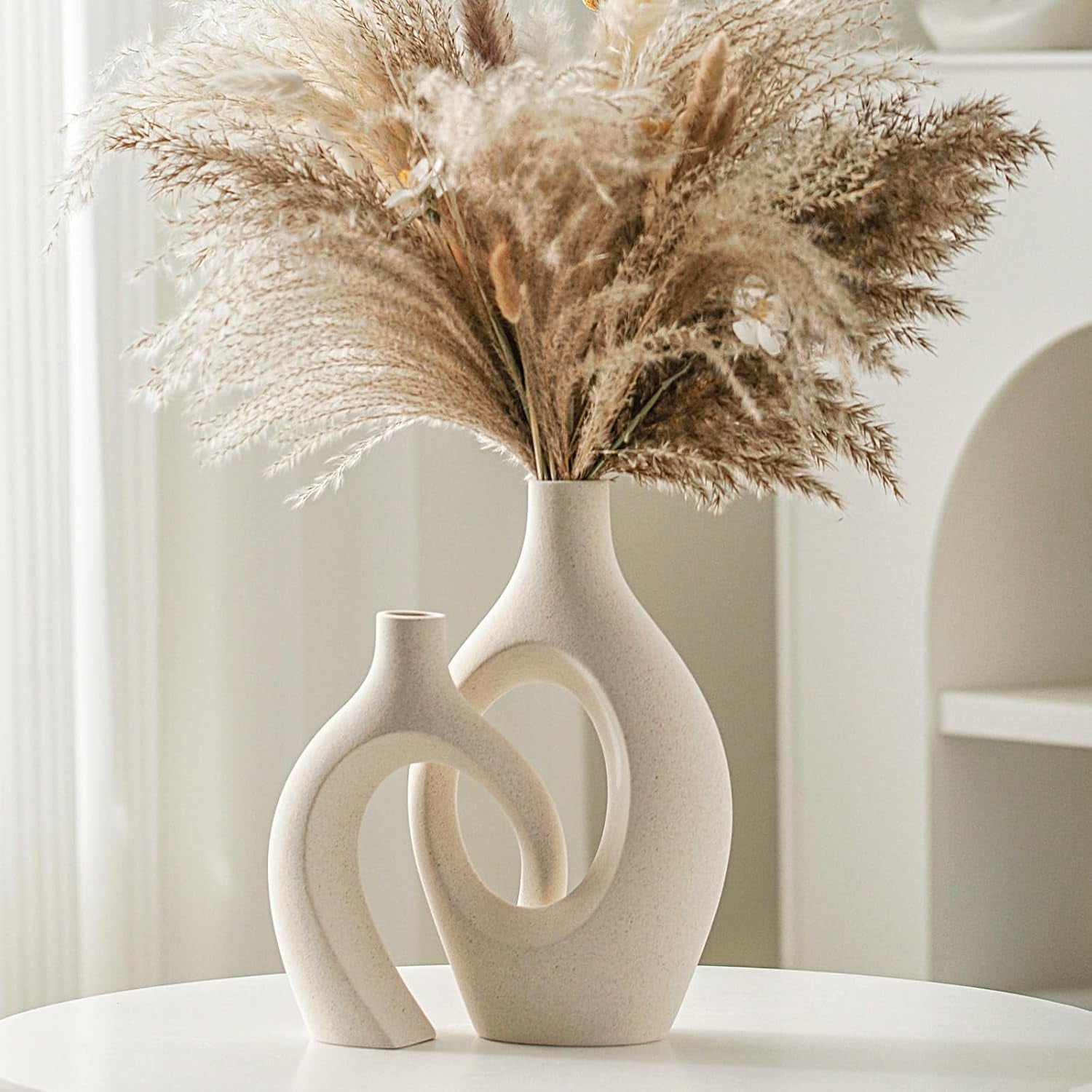 Snuggle Hollow Ceramic Vase Set of 2, Boho Ins Style round Nordic Mid Century Modern Aesthetic Decorative Vase for Home Decor (Cream W 6.8" X H 11")
