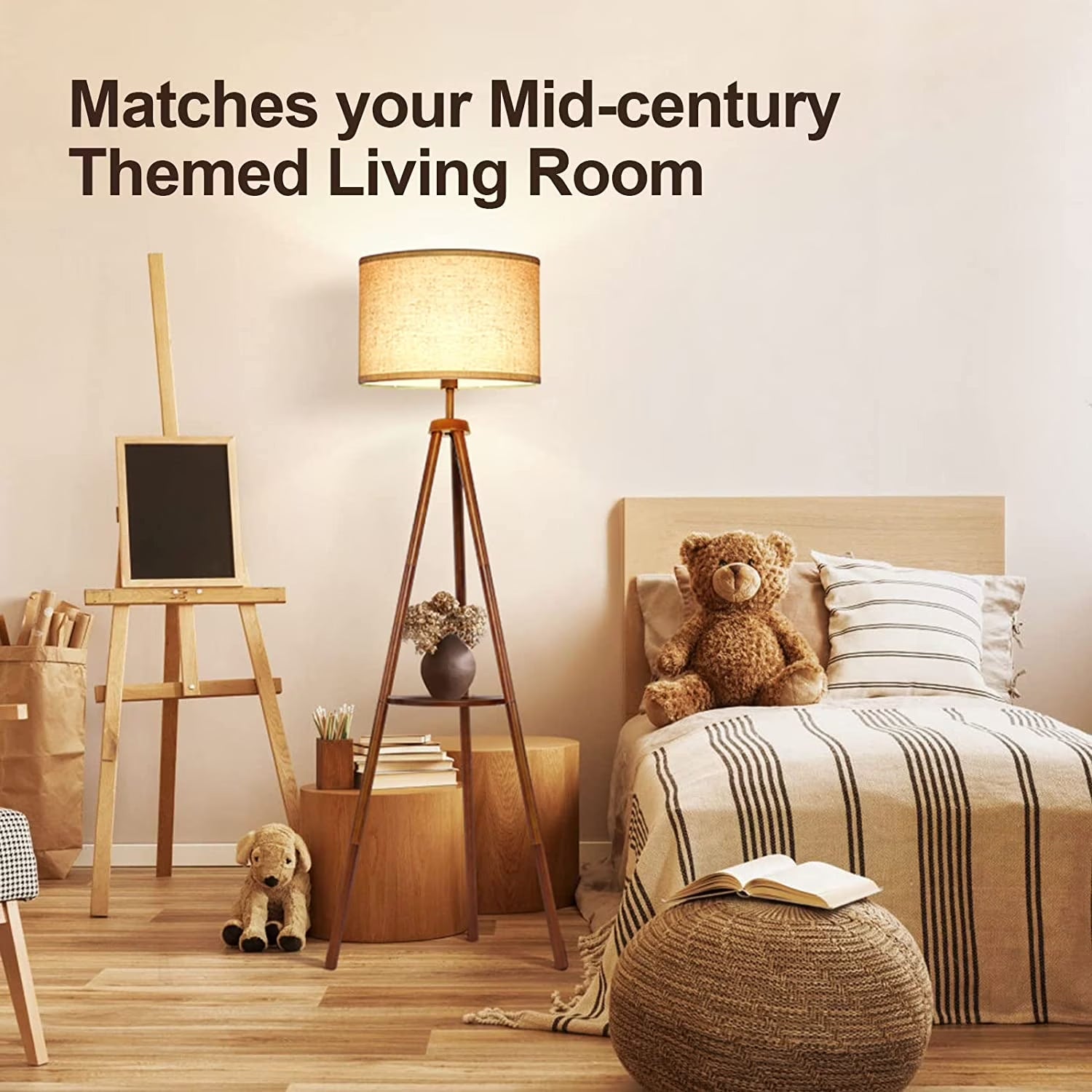63" Wood Tripod Floor Lamp with Shelves, Dimmable Standing Lamps with Remote Control, Modern Shelf Floor Lamp for Living Room, Bedroom, Office, LED Bulbs Included