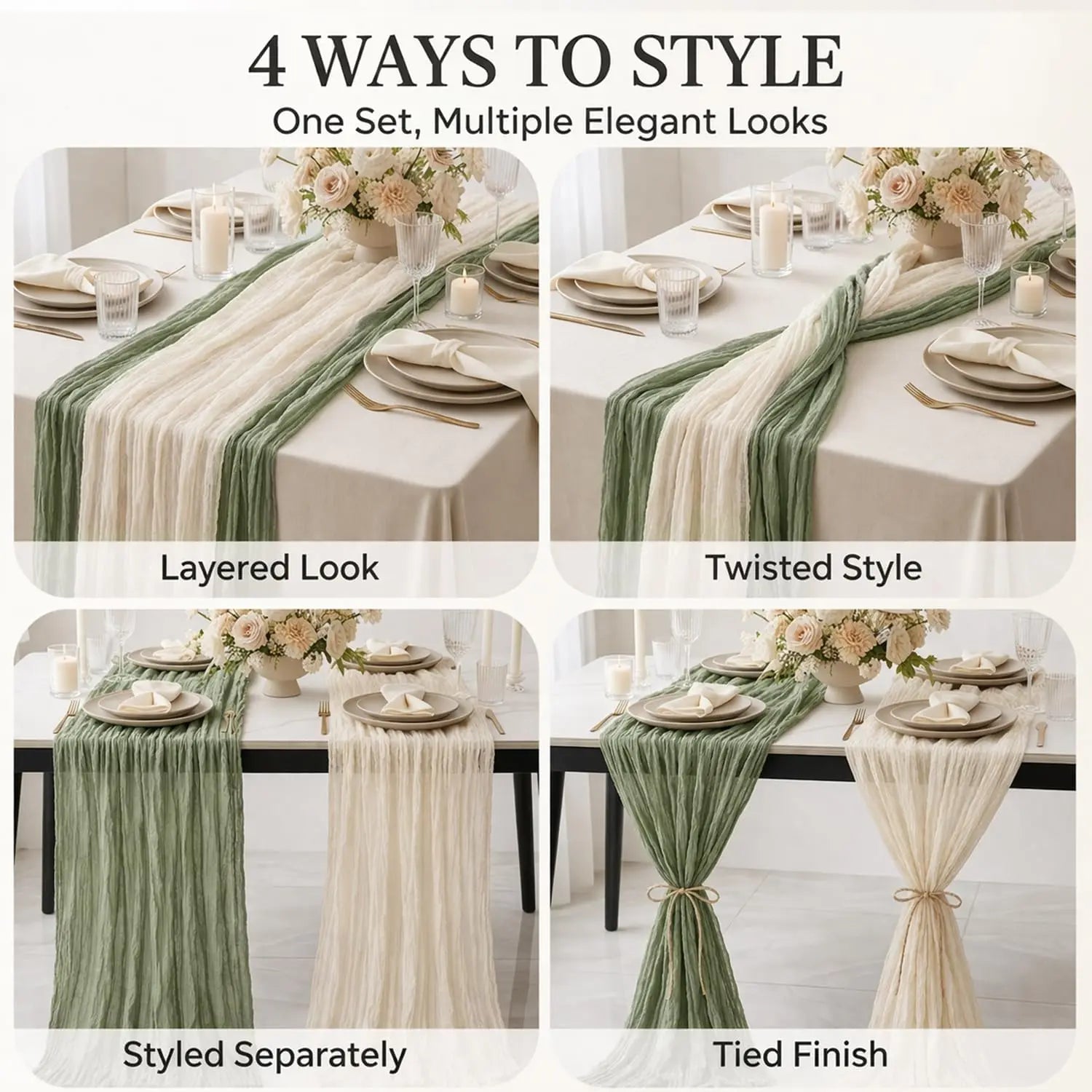 2-In-1 Table Runner Cheesecloth Tablecloth Sage Green Beige Rustic Gauze Wedding Bridal Party Birthday Baby Shower Home Decor