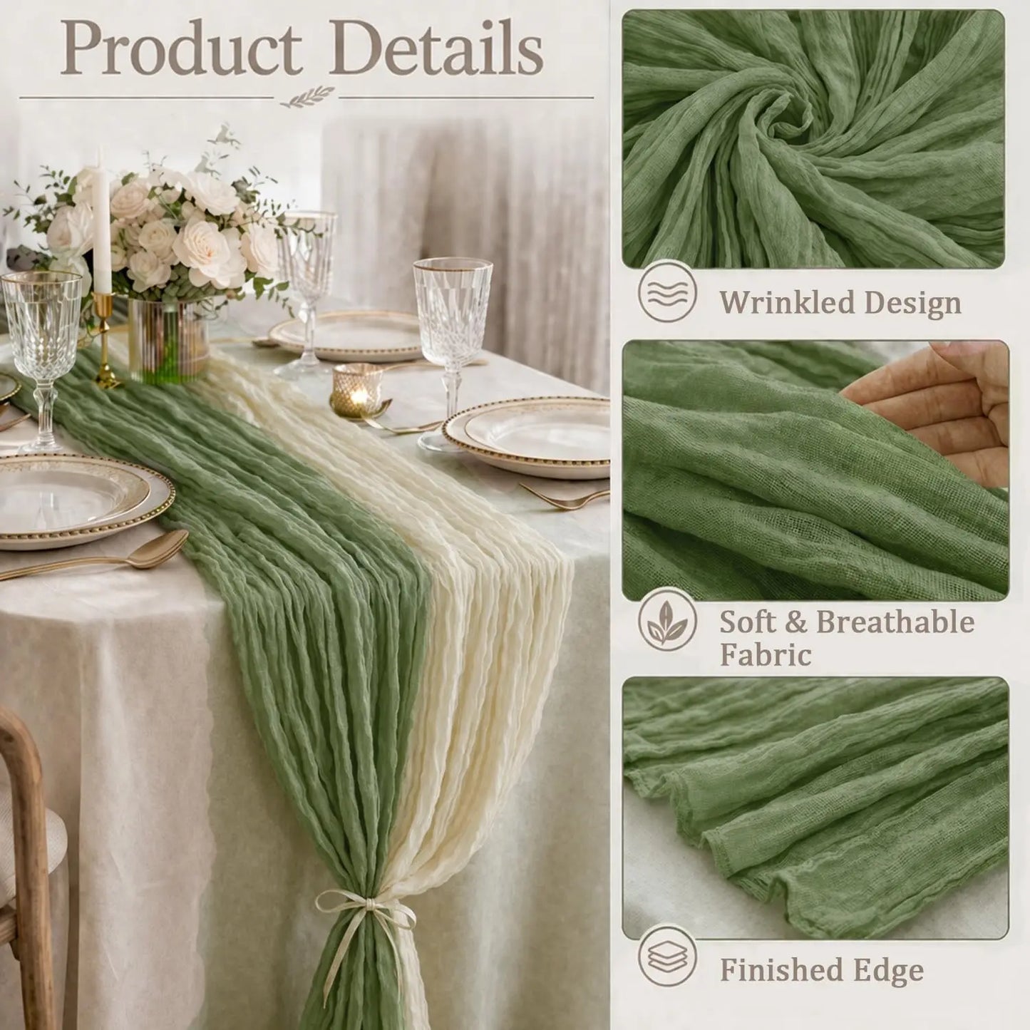 2-In-1 Table Runner Cheesecloth Tablecloth Sage Green Beige Rustic Gauze Wedding Bridal Party Birthday Baby Shower Home Decor