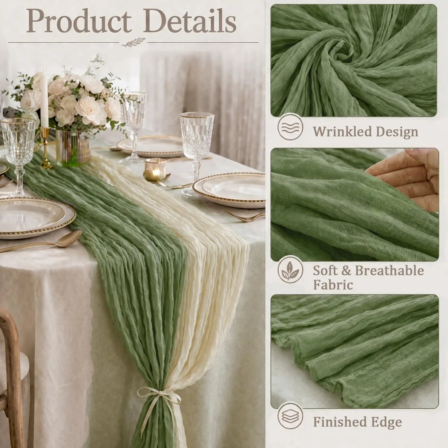 2-In-1 Table Runner Cheesecloth Tablecloth Sage Green Beige Rustic Gauze Wedding Bridal Party Birthday Baby Shower Home Decor