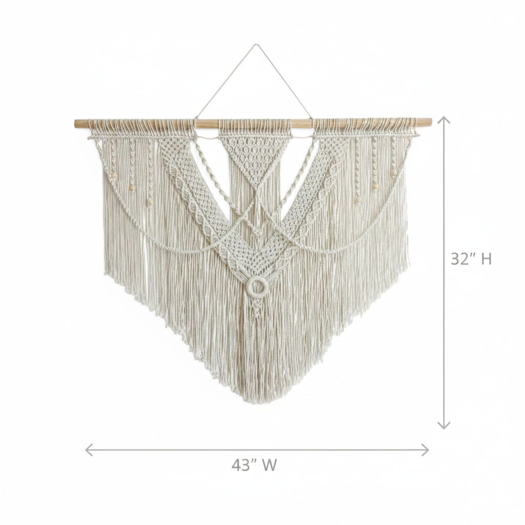 LIMITLZ™ Macrame Wall Hanging Size Guide, 43 inches Wide by 32 inches Tall, Boho Triangle Tapestry Dimensions