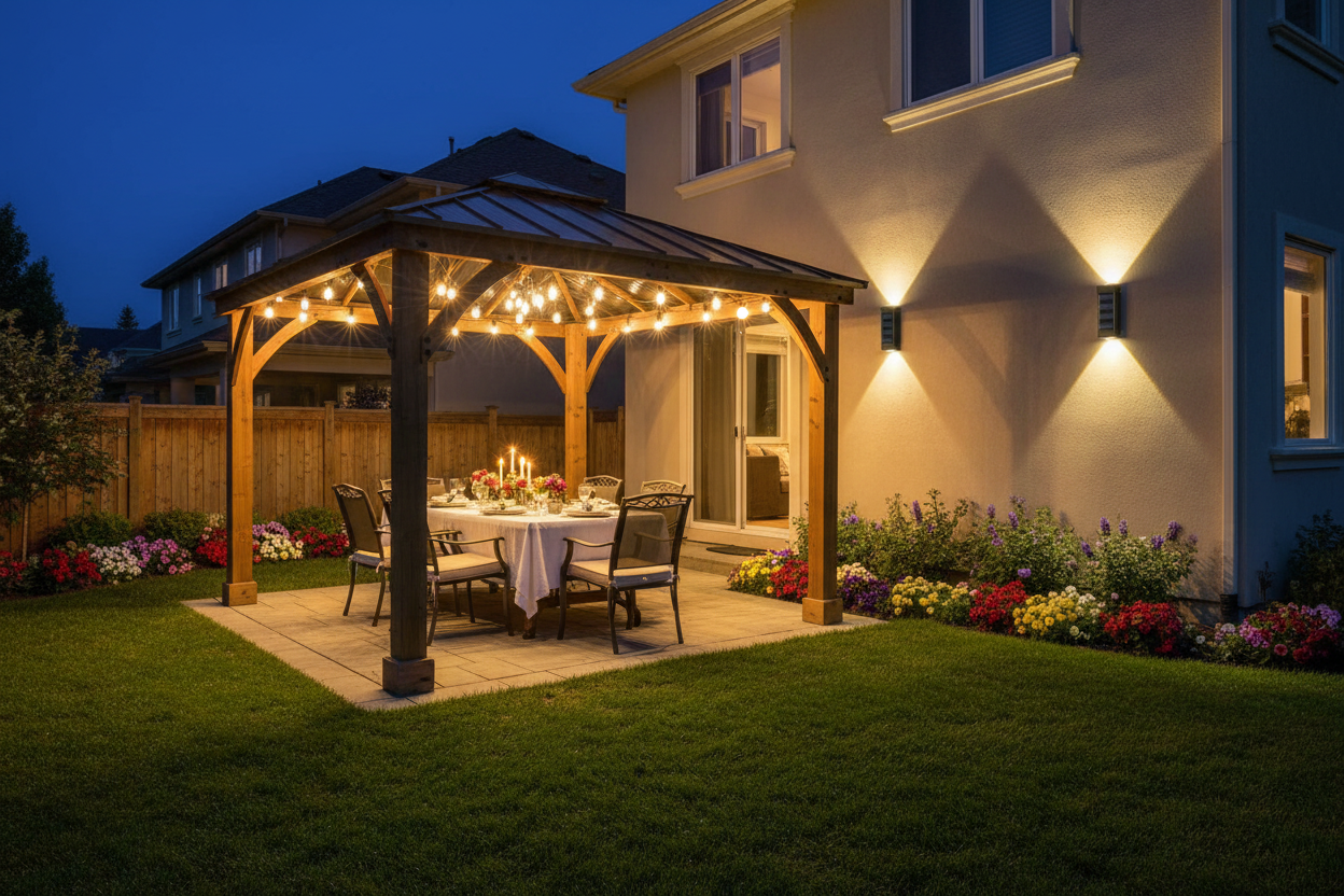 LIMITLZ™ Solar Wall Light illuminating a luxury backyard dinner scene with gazebo Edison lights and flower bushes