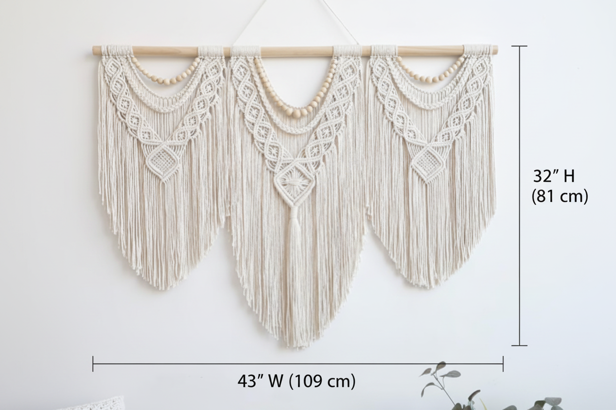 Macrame Wall Hanging with Wooden Beads - Dimension Diagram
